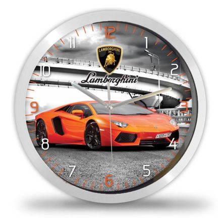 Lamborghini Aventador mintás falióra narancssárga színű olasz luxusautóval és egyedi névvel kérhető számlappal