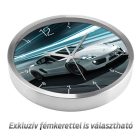 Porsche Cayman mintás falióra fehér színű német sportkocsival száguldás közben és egyedi névvel kérhető számlappal