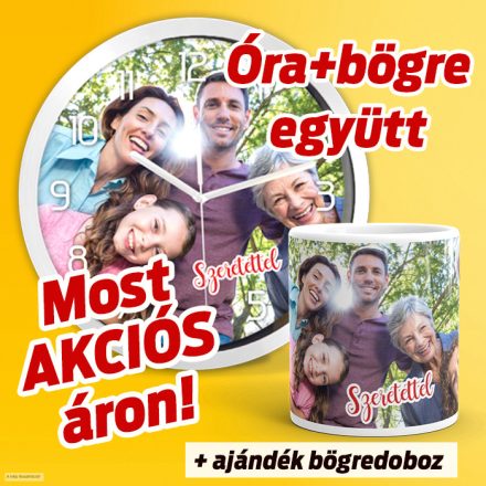 Egyedi fényképes falióra és bögre ajándékszett családi fotóval és egyedi felirattal