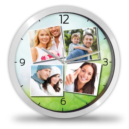 Négyképes egyedi fényképes falióra zöld levelekkel és lágy bokeh buborék mintás számlappal családi fotókhoz