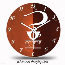 Kávés falióra gőzölgő kávéscsésze sziluettel és Coffee House felirattal barna háttérben