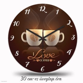  Kávés falióra egymásnak fordított kávéscsésze grafikával és I love coffee felirattal barna háttérben