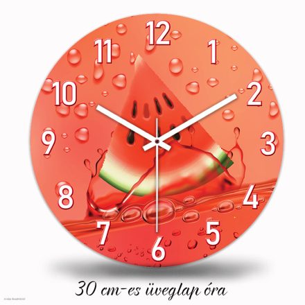 Görögdinnyés falióra érett piros dinnyeszelet grafikával és csobbanó gyümölcslé vízcseppekkel