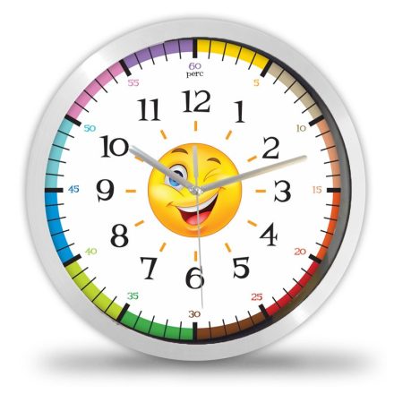 Oktató gyerek falióra mosolygós emoji figurával és színes percosztásos skálával