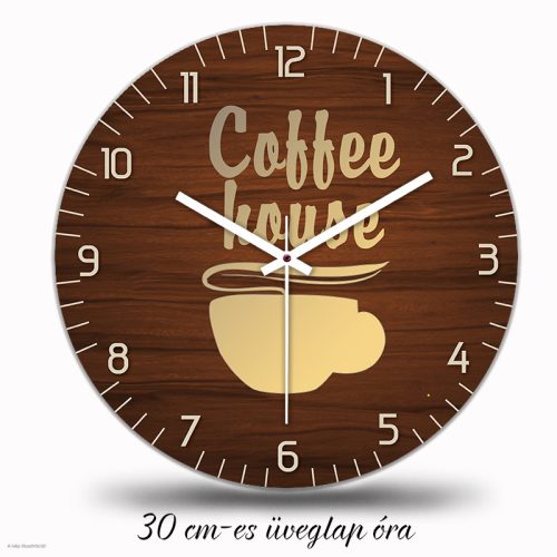Kávés falióra, kávéház felirat