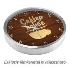 Kávéház falióra krémszínű kávéscsésze sziluettel és vízszintes sötétbarna faerezetes háttérrel
