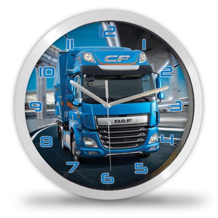 DAF CF típusú világoskék kamion mintás falióra autópályás háttérrel és egyedi felirattal kérhető számlappal