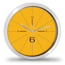 Sárga falióra geometrikus körcikkekkel és letisztult fekete számokkal modern stílusban