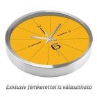 Sárga falióra geometrikus körcikkekkel és letisztult fekete számokkal modern stílusban