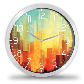 Absztrakt falióra színes geometrikus épület és ház sziluett grafikával meleg tónusokban