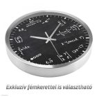 Matematikai egyenletes falióra fekete iskolatábla háttérrel és fehér kréta rajzolatú képletekkel