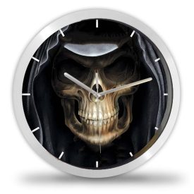 Gótikus koponya falióra csuklyás Grim Reaper kaszás ábrázolással és sötét misztikus grafikával
