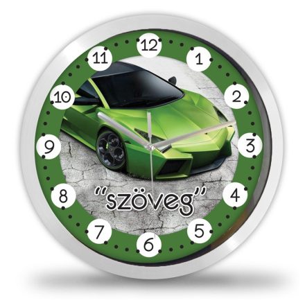 Lamborghini Reventon mintás falióra zöld színű luxus sportautóval és egyedi felirattal kérhető számlappal