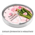 Anyák napi falióra lágy rózsaszín háttérrel tulipán csokorral és pöttyös ajándékdobozzal