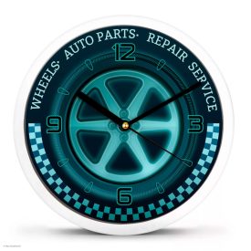   Autószerelő falióra – Felni & Racing, kék-fekete dizájn