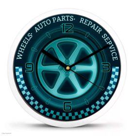   Autószerelő falióra – Felni & Racing, kék-fekete dizájn