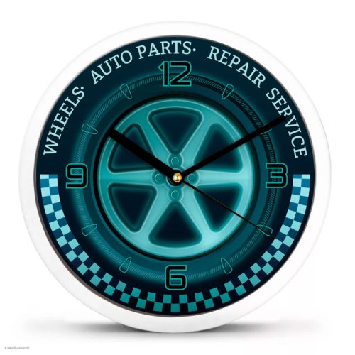 Autószerelő falióra – Felni & Racing, kék-fekete dizájn