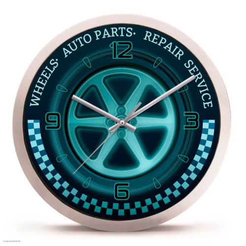 Autószerelő falióra – Felni & Racing, kék-fekete dizájn