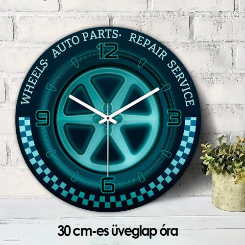 Autószerelő falióra – Felni & Racing, kék-fekete dizájn