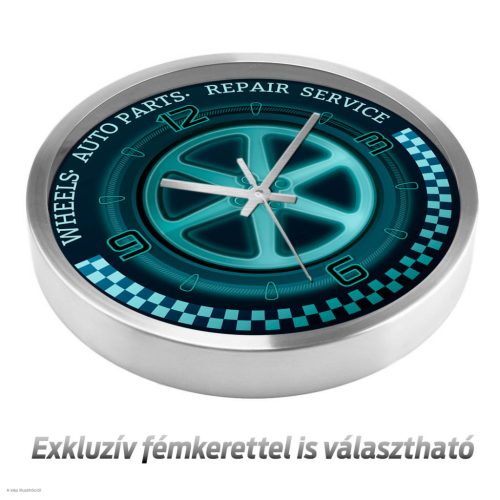 Autószerelő falióra – Felni & Racing, kék-fekete dizájn