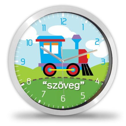 Kedves gyerek falióra színes kismozdony grafikával zöld dombokkal és felhőkkel