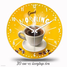 Kávés falióra gőzölgő feketekávé csésze grafikával és Good Morning felirattal napsárga háttérben