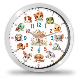 Cuki kisállatokkal és gombaházzal díszített oktató falióra percmutató skálával