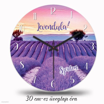 Levendulamező falióra naplementés provence-i tájképpel és Levendula Szeretem felirattal
