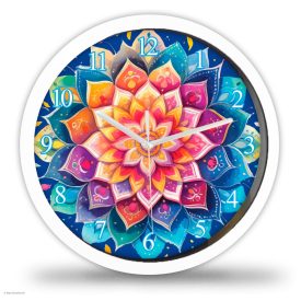 Személyre szabható színes mandala falióra spirituális mintával és kék háttérrel