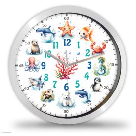 Cuki tengeri állatokkal és korallal díszített oktató falióra percmutató skálával