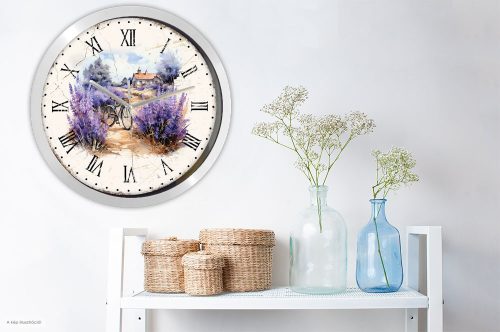 Levendulás falióra rusztikus mintával – illusztrált